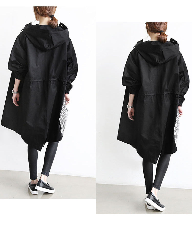 Person wearing a black hooded waterproof windbreaker from different angles on a white background