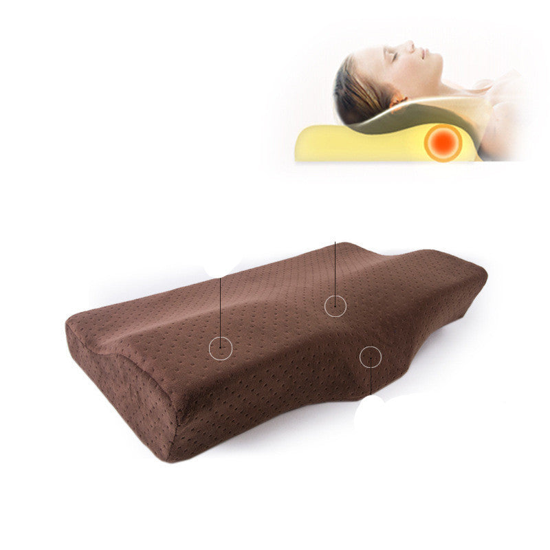 Brown ergonomic pillow with a close-up of a person using it on a white background