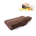 Brown ergonomic pillow with a close-up of a person using it on a white background