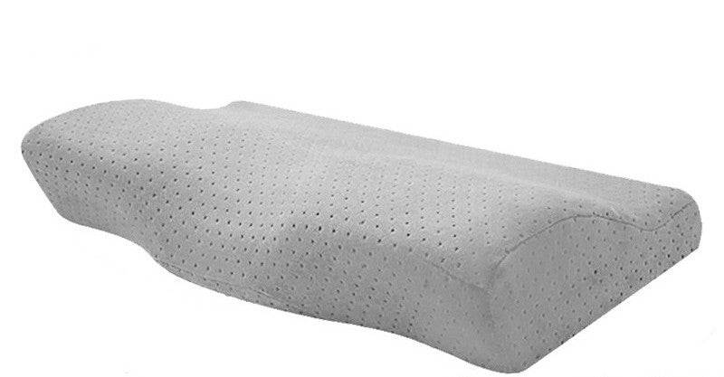 Brown ergonomic pillow with a close-up of a person using it on a white background