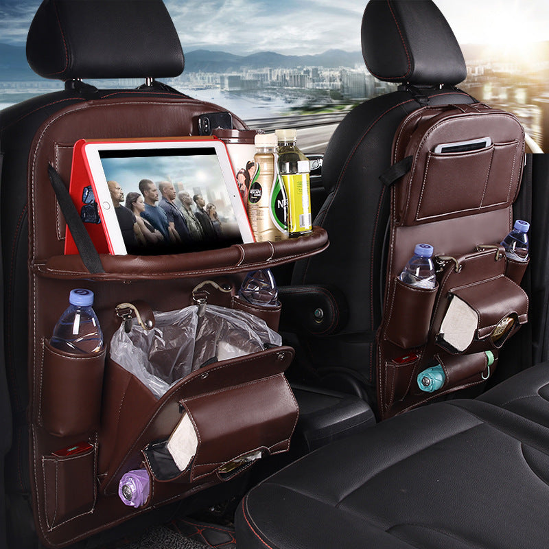 PU Leather Car Storage Bag – Multifunction Seat Back Hanging Organizer with Built-in Trash Can & Tissue Box, Waterproof Kick-Proof Back Seat Tray, Universal Fit for Most Vehicles