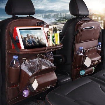 PU Leather Car Storage Bag – Multifunction Seat Back Hanging Organizer with Built-in Trash Can & Tissue Box, Waterproof Kick-Proof Back Seat Tray, Universal Fit for Most Vehicles