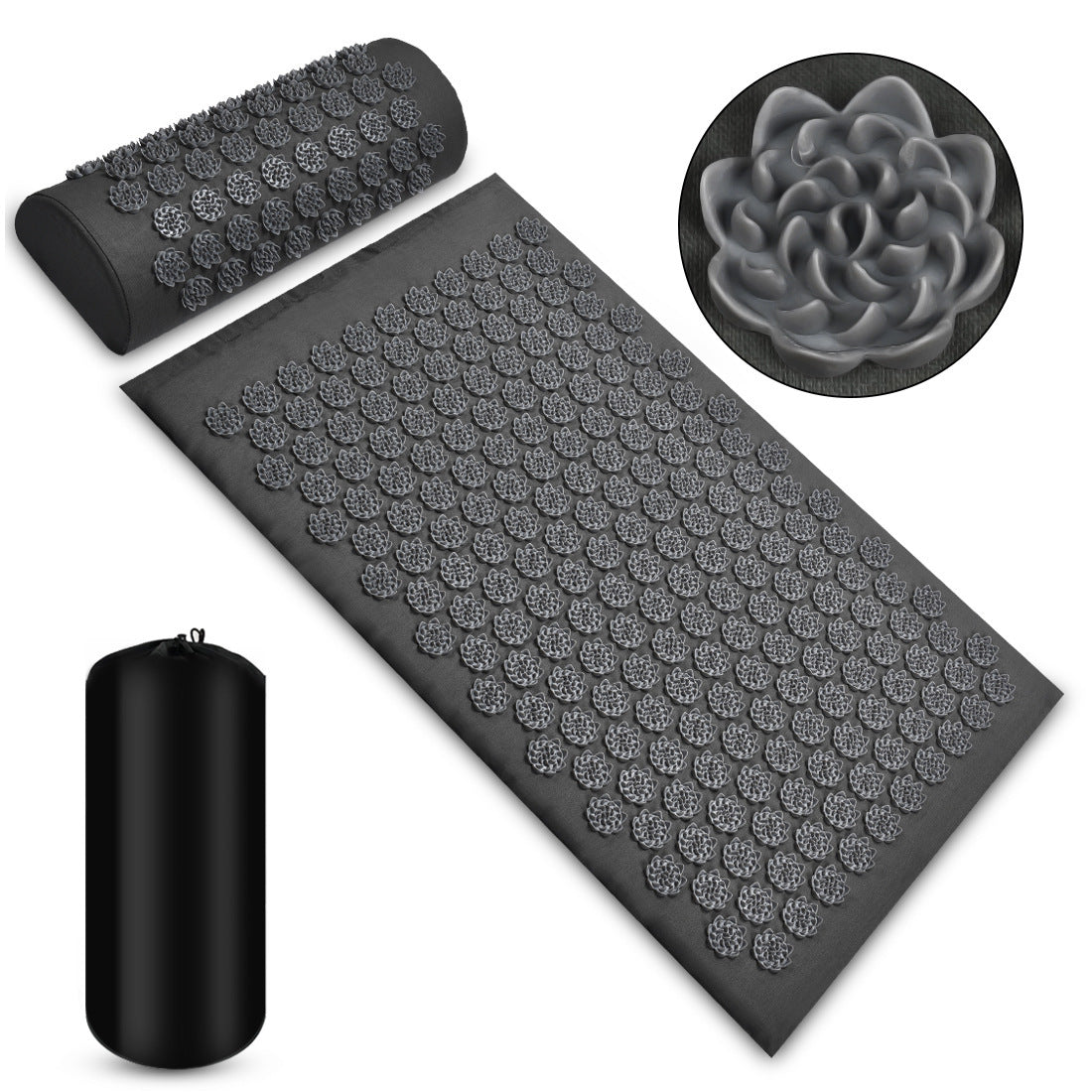 Acupressure mat with roller and flower-shaped tool on a white background