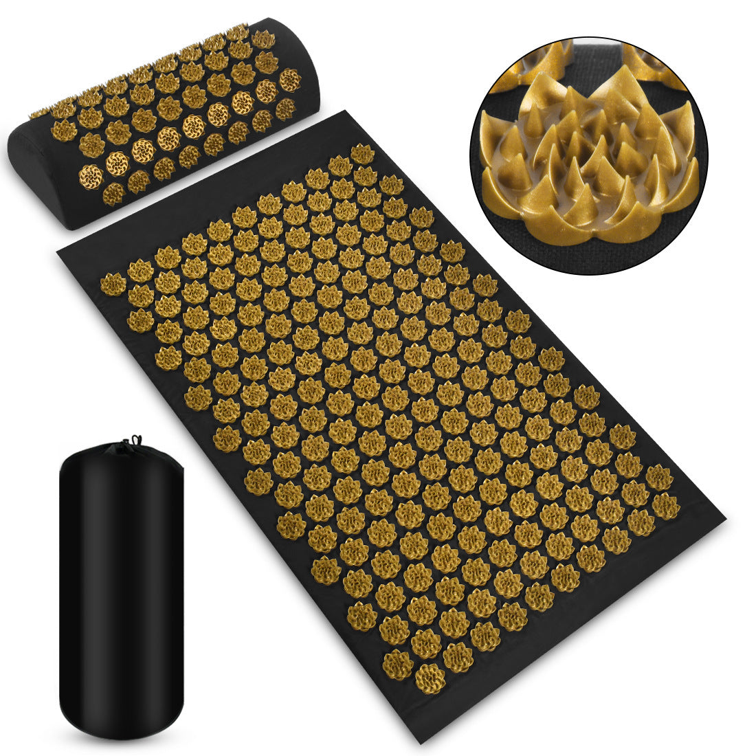 Acupressure mat with black base and gold nodes, accompanied by a black cylindrical pillow