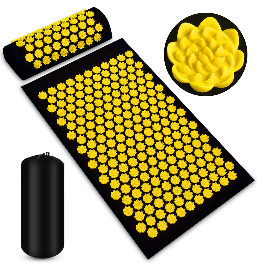 Acupressure mat with yellow nodes on a black background, including a close-up of the nodes and a black carrying bag