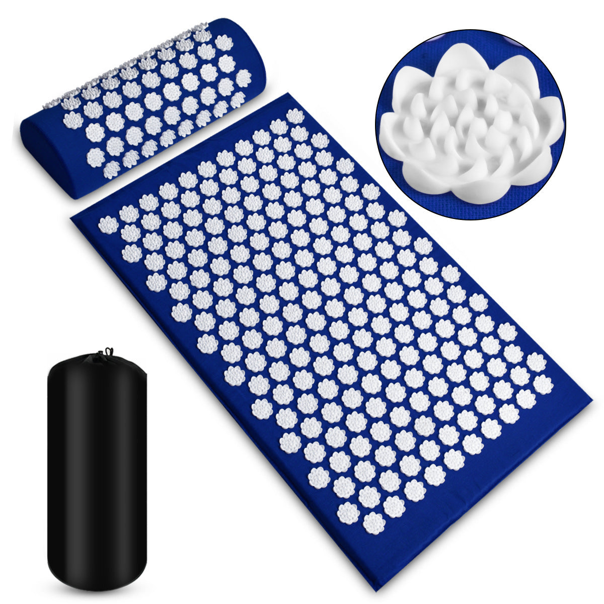Acupressure mat and pillow set with black bag on a white background