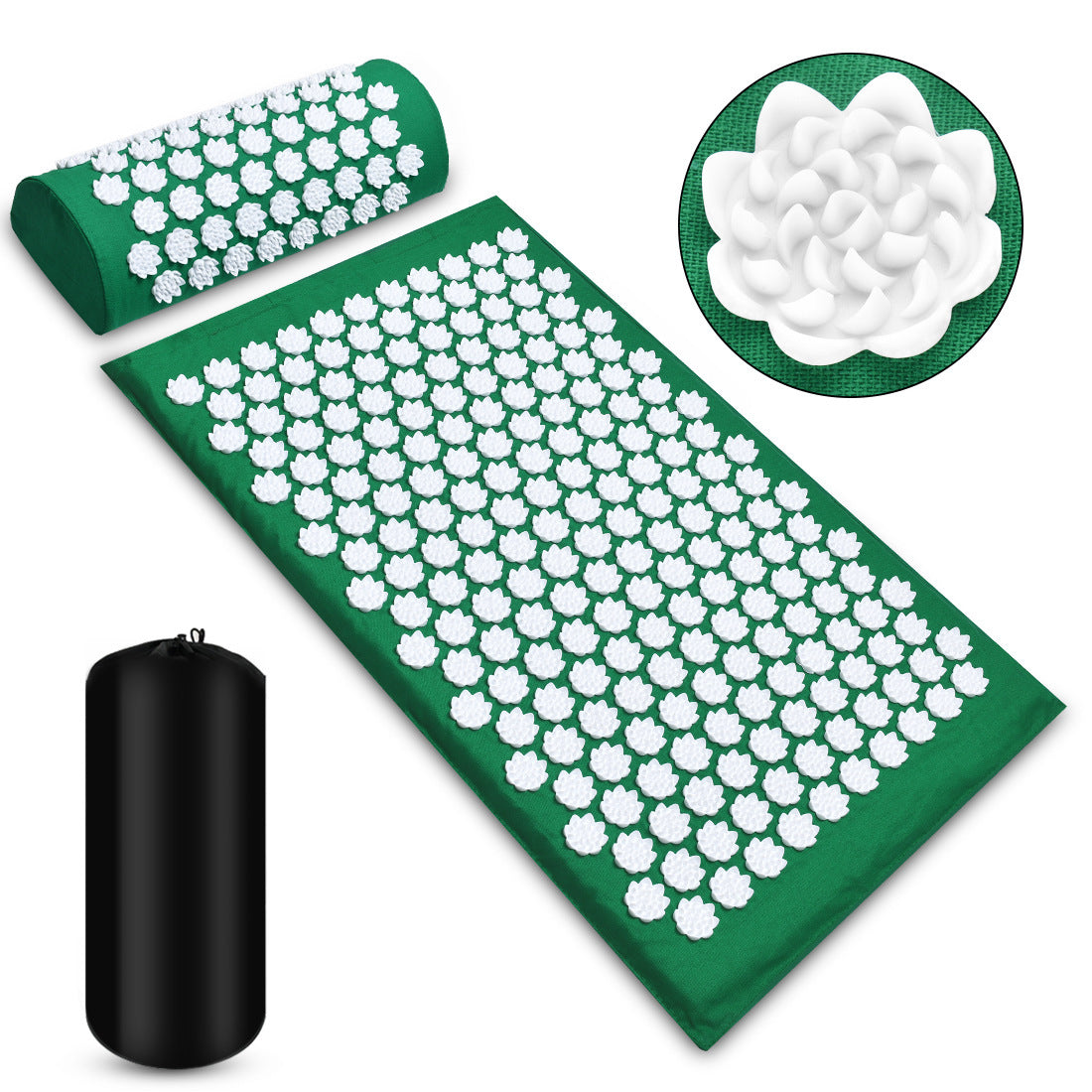 Green acupressure mat with white nodes and carrying bag on a white background