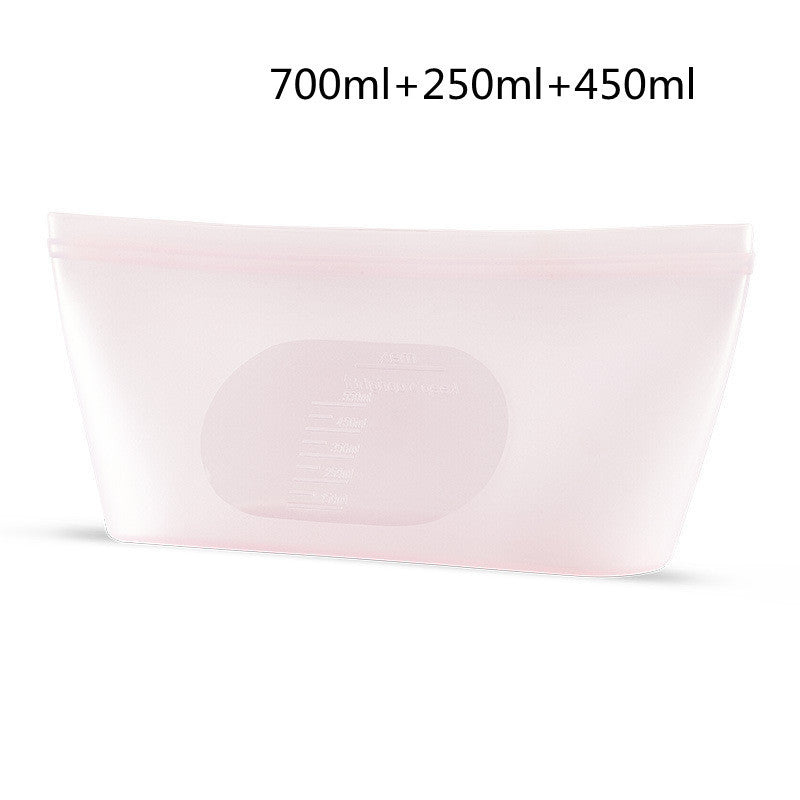 Reusable silicone fridge bag for fruits and vegetables; Pink rectangular container with volume markings on a white background
