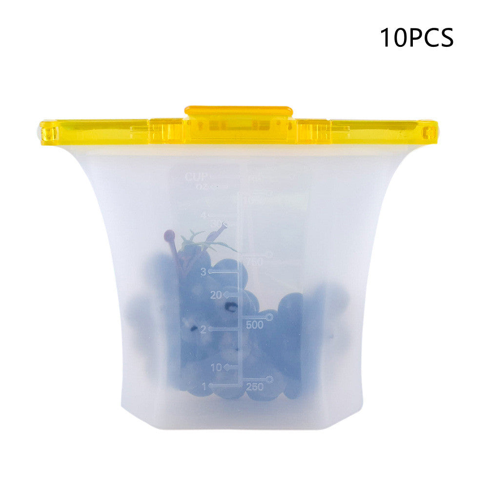 Silicone food storage bag with yellow lid on a white background, labeled '10PCS'