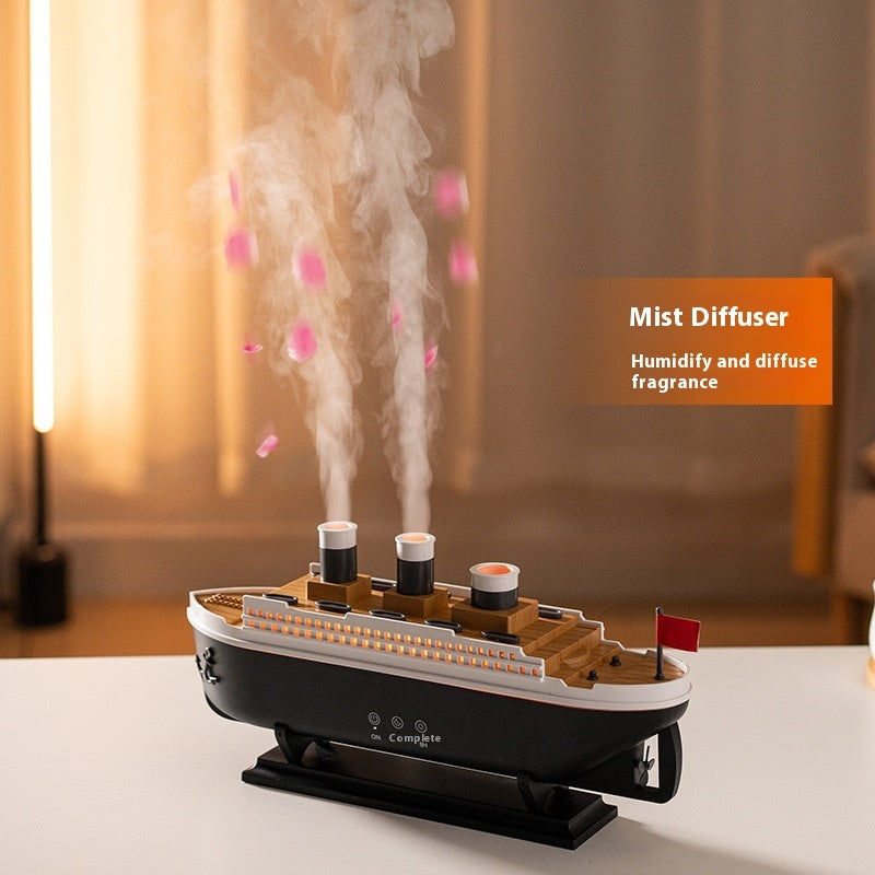Jellyfish Aroma Diffuser shaped like a ship with colorful lights and steam effects on a warm-toned background