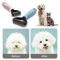Pet grooming tools with a dog and cat, before and after grooming images.