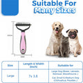 Pet grooming brush with dogs and a cat, size chart, and text 'Suitable For Many Sizes'; Pet grooming comb in pink color and size options on white background