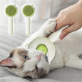 Cat being groomed with a green pet grooming brush on a soft surface