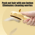 Cat grooming brush with one-touch release button shown removing collected fur