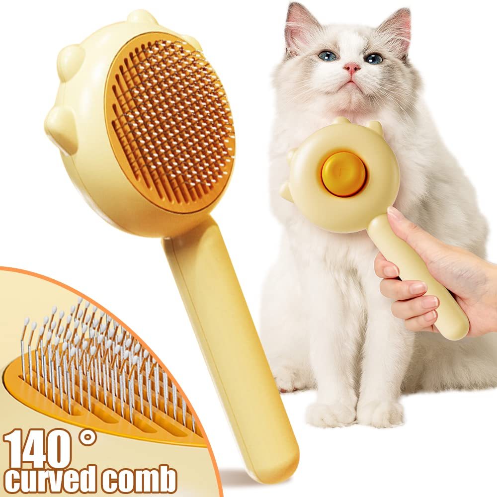 Pet grooming brush with a cat and a hand holding it on a white background