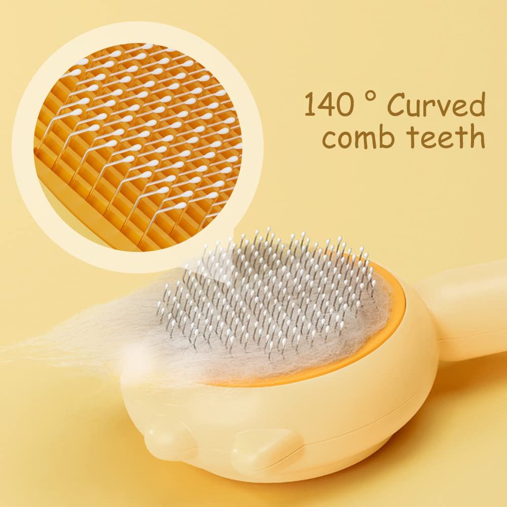 Pet grooming brush with curved comb teeth on a yellow background
