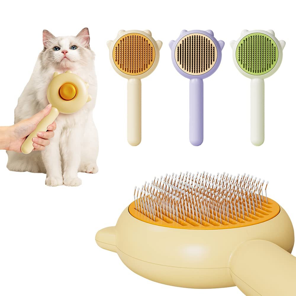 Cat grooming brush with a cat and multiple brush heads on a white background