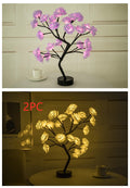 Decorative LED rose tree lights with pink flowers on a white background, followed by a similar tree with yellow flowers in a dimly lit room.