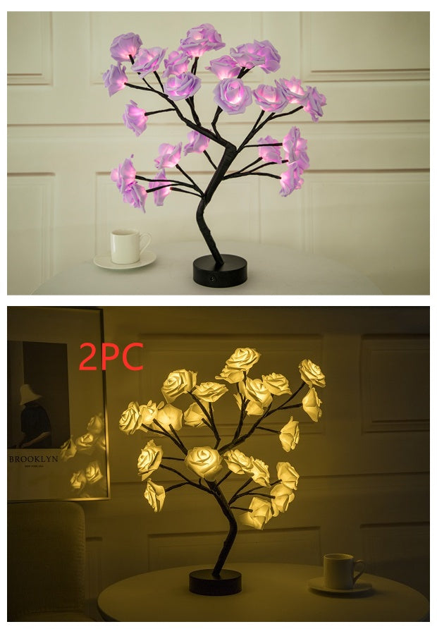 Decorative LED rose tree lights with pink flowers on a white background, followed by a similar tree with yellow flowers in a dimly lit room.