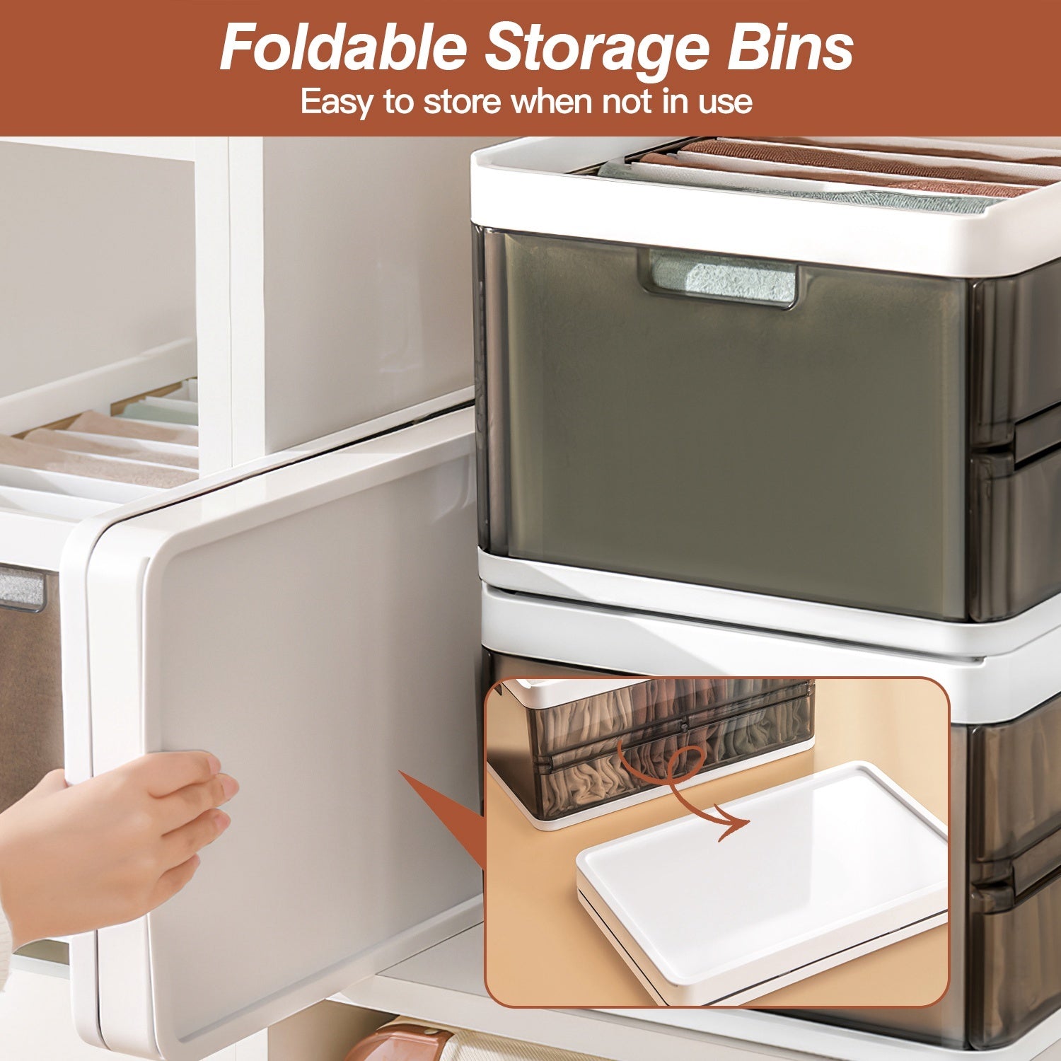 Foldable storage bins with a hand opening one of them, set against a neutral background