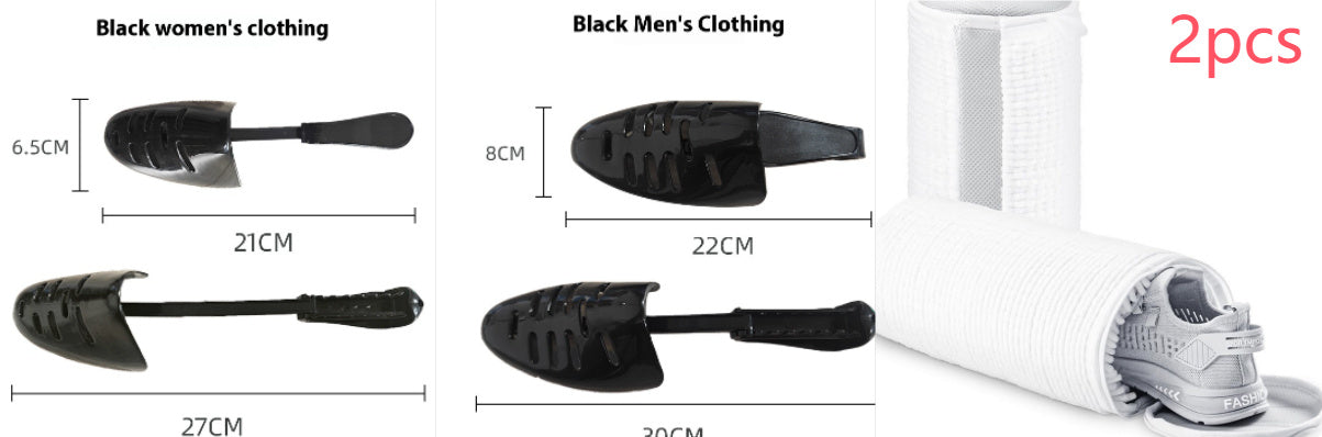 Measurement chart comparing black women's and men's clothing with a shoe and packaging