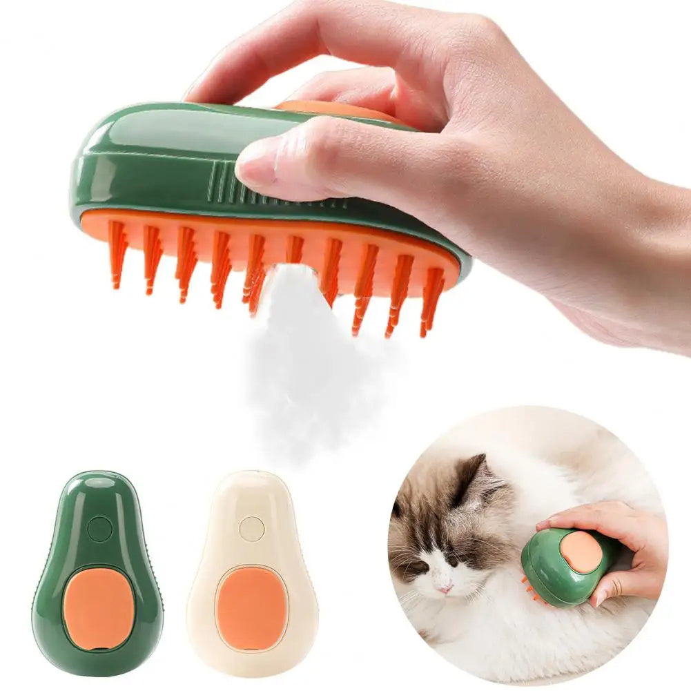 Pet grooming brush with green handle and orange bristles, used on a white cat