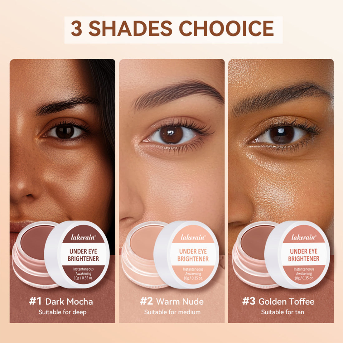 Three shades of under eye brightener with corresponding skin tones and packaging.