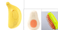 Three different colored pet grooming tools on a white background