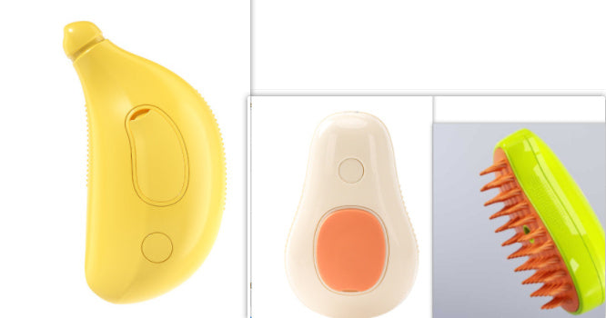 Three different colored pet grooming tools on a white background