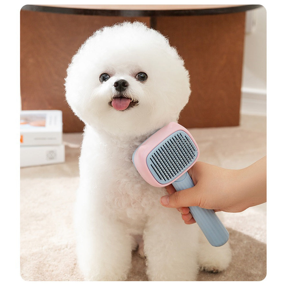 White dog being groomed with a pink and gray grooming brush held by a person