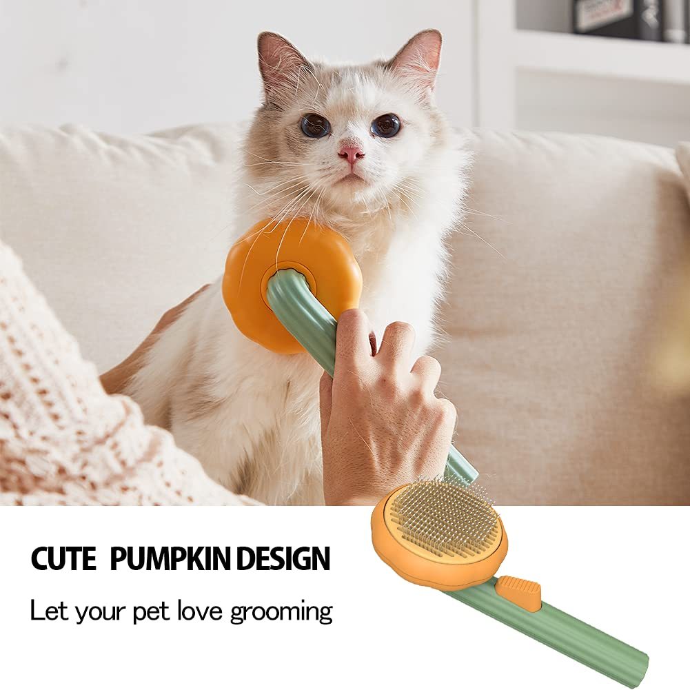 Person using a grooming tool on a white cat indoors