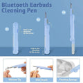 Bluetooth earbuds cleaning pen with folding mechanism and attachments on a blue background