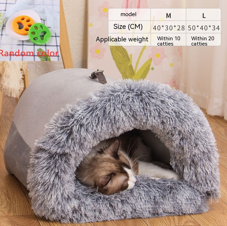 Portable pet nest bed for cats and dogs in gray color with size dimension