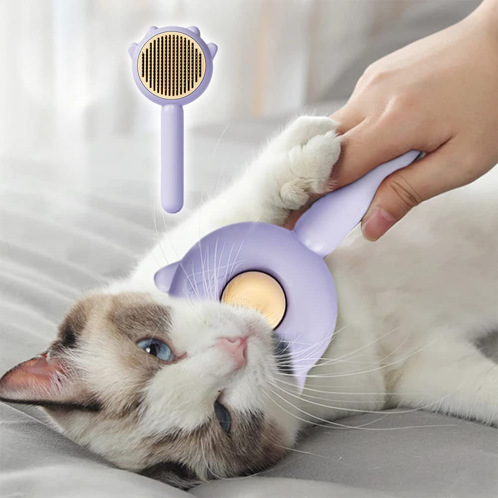 Person using a purple pet grooming tool on a cat, with a close-up of the tool above