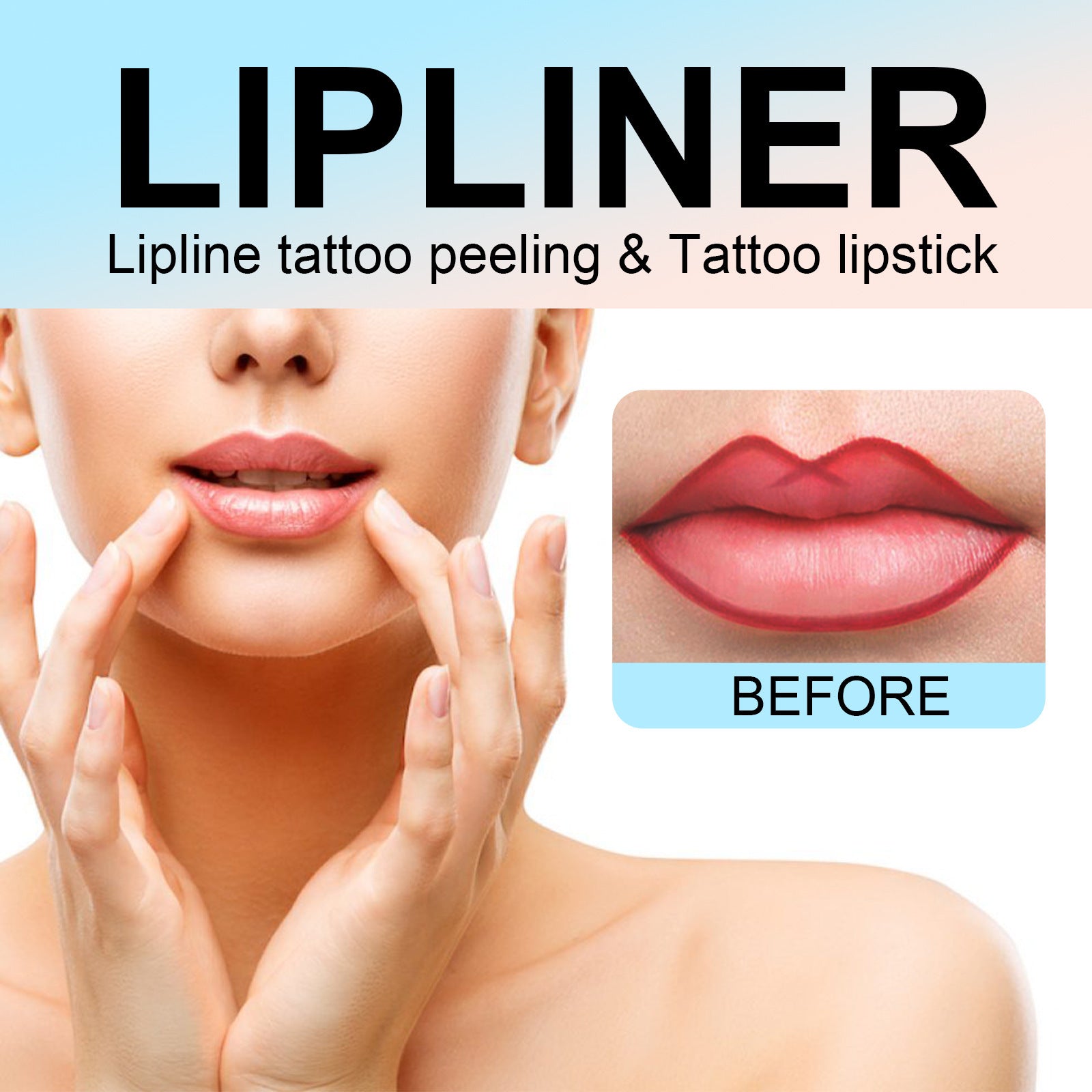 Advertisement for waterproof lip liner with a close-up of lips and text about lipliner tattoo peeling and tattoo lipstick.