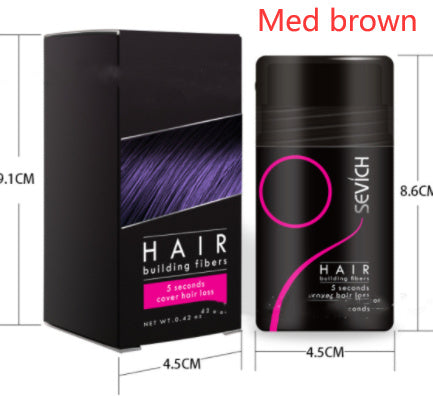 Hair building fibers packaging with dimensions labeled, featuring a black container and purple box.