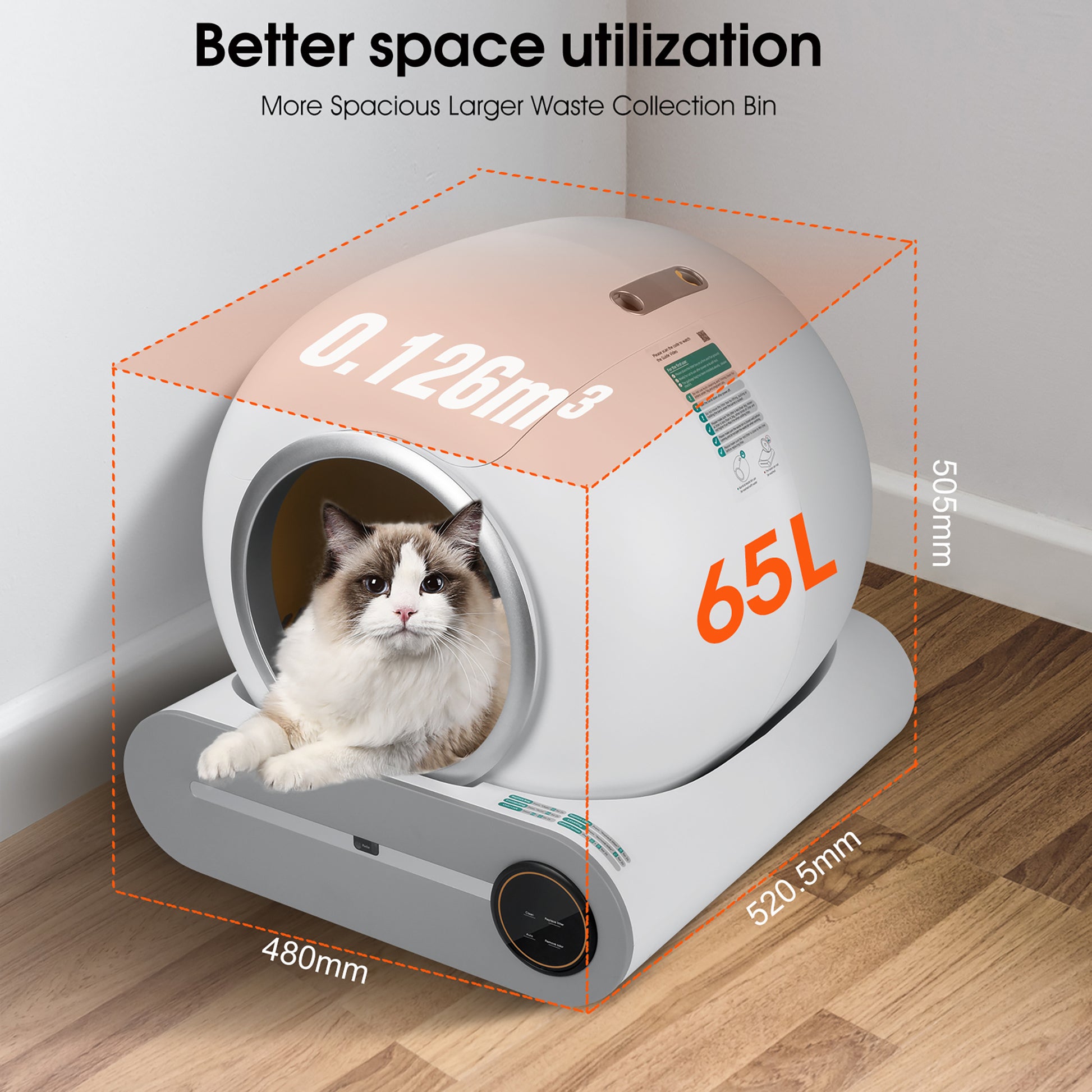 Good Space Utilization with Self-cleaning automatic cat litter box with app control, odor removal, and safety sensors for multiple cats