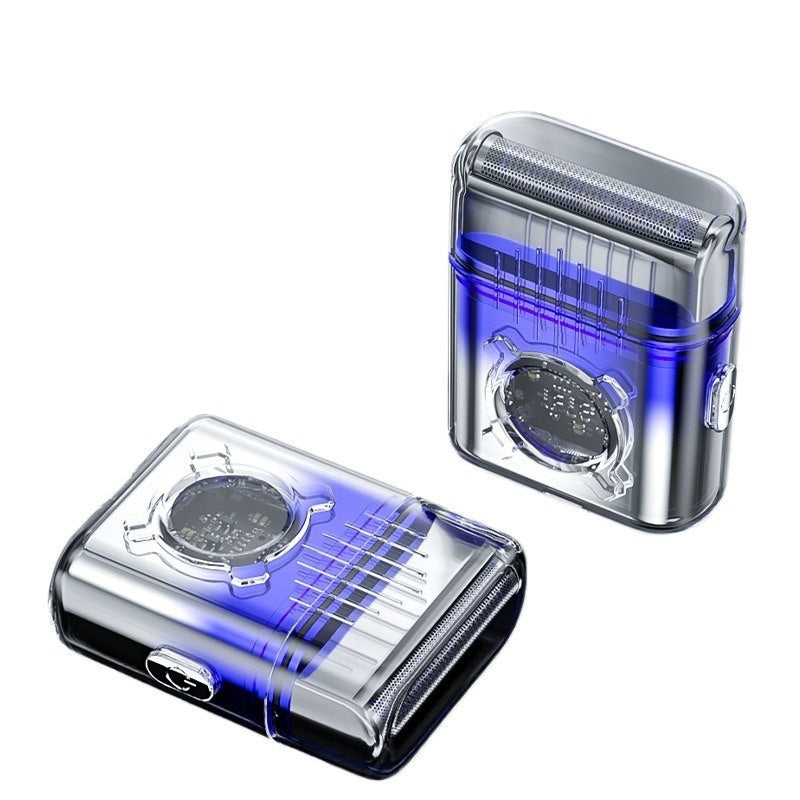 Two electric shavers with blue and clear design on a white background; Men's portable electric shaver with sleek gradient silver design and removable cutter head