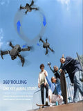 E88 Smart Camera Drone performing aerial stunts with people watching below on a clear day.