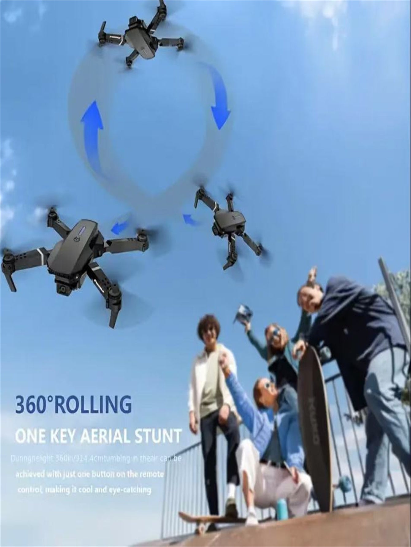 E88 Smart Camera Drone performing aerial stunts with people watching below on a clear day.