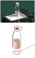 Clear Portable rechargeable USB blender with pink base and cap on a white background