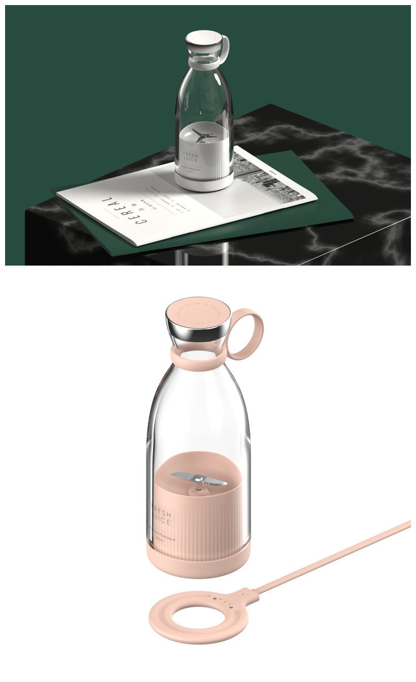 Clear Portable rechargeable USB blender with pink base and cap on a white background