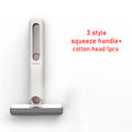 Cleaning tool with a white handle and gray squeegee on a white background, featuring text about handle styles and cotton head quantity.