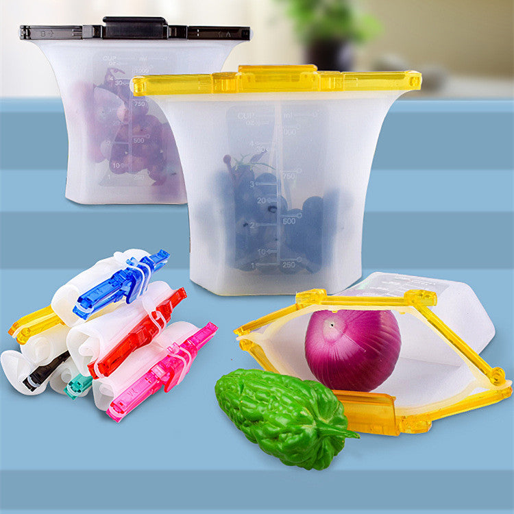 Reusable silicone food storage bags with colorful clips on a blue background; 10-pack colorful silicone food storage bags for refrigerator use