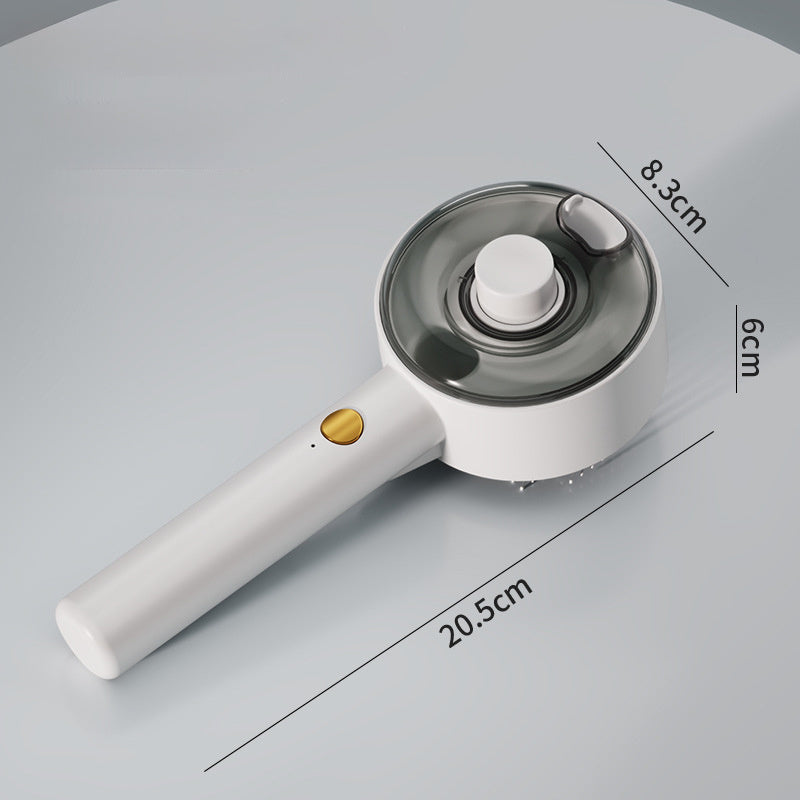White handheld steam brush device with measurement details on a gray background
