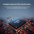 Allwinner H73 quad-core CPU on a circuit board with text about system features of Portable HY300 smart projector for home theatre use