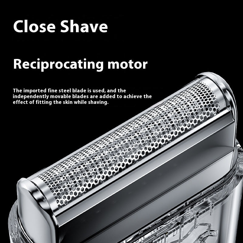 Close-up of a reciprocating motor for a shaving product with text on a black background; Rechargeable men’s grooming razor in ivory white with low-noise performance