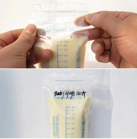 Hands holding a breast milk storage bag with measurement markings and a label; Milk storage pouches for nursing mothers