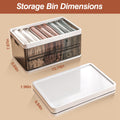 Storage bin with dimensions labeled on a beige background
