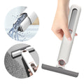 Handheld cleaning tool with water spray and squeegee attachment, shown in use.